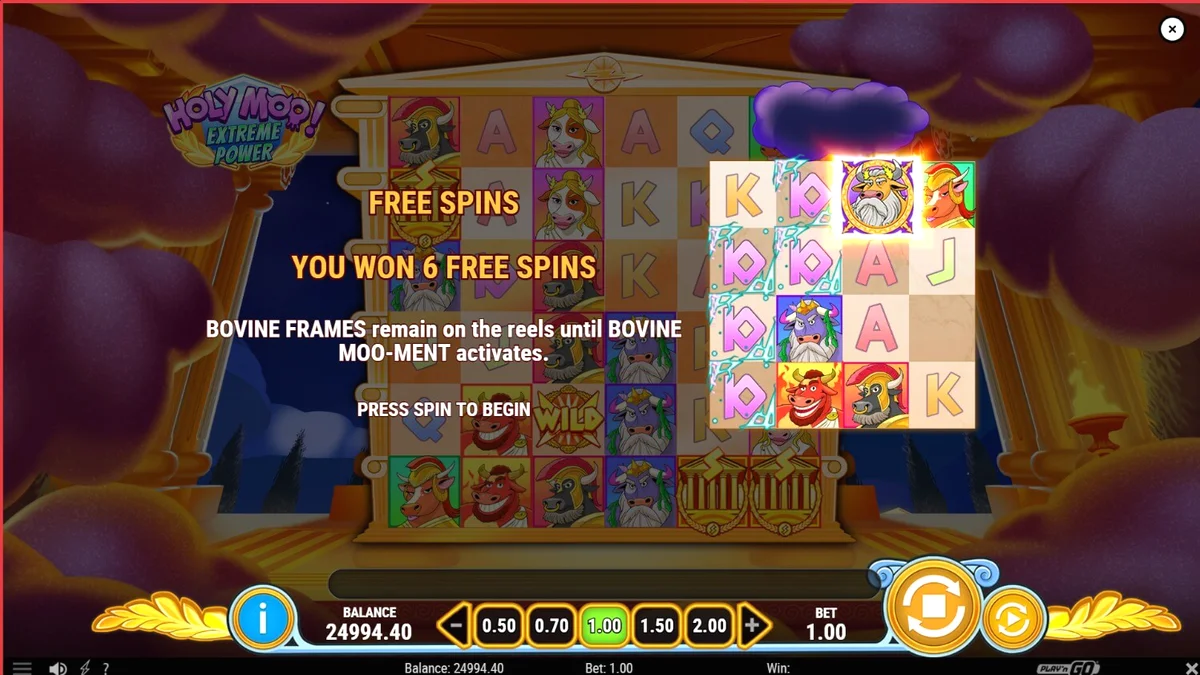 Karakter Zeus sapi dalam slot Holy Moo! Extreme Power