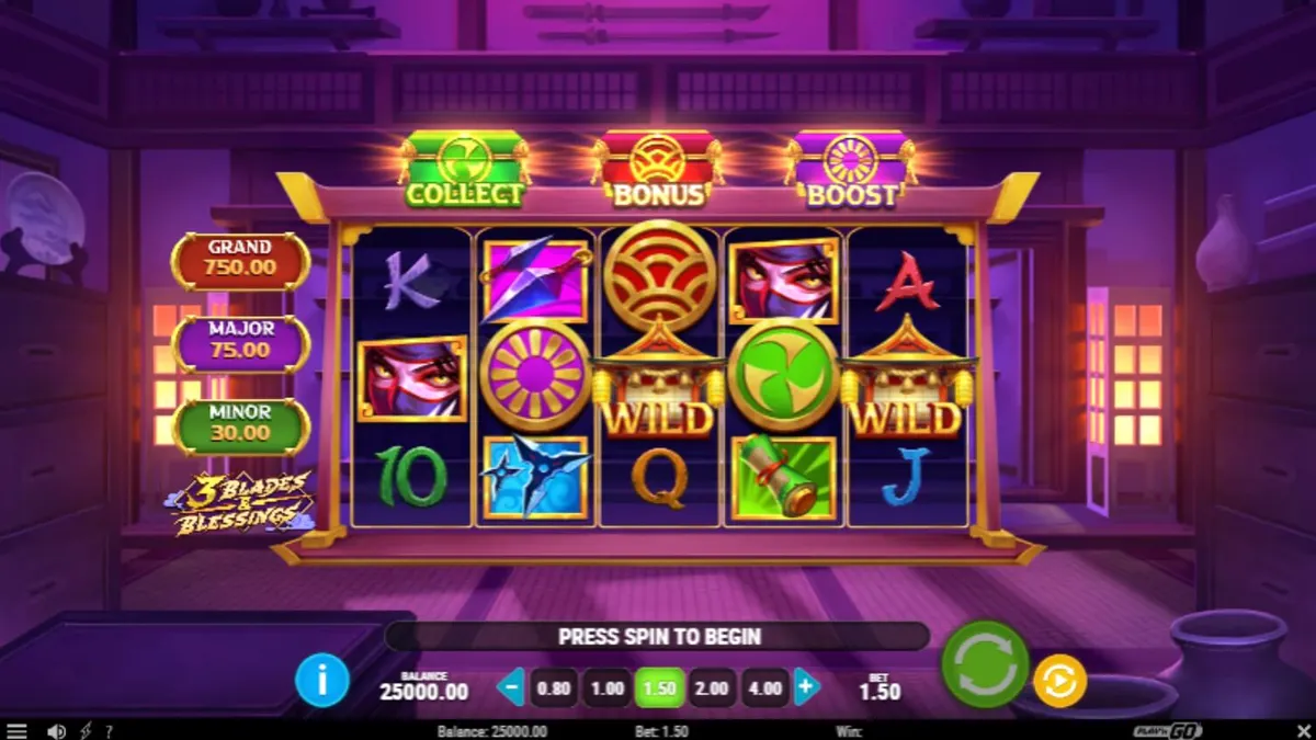 Tampilan visual slot 3 Blades & Blessings dengan tema ninja dan latar belakang Jepang feodal.
